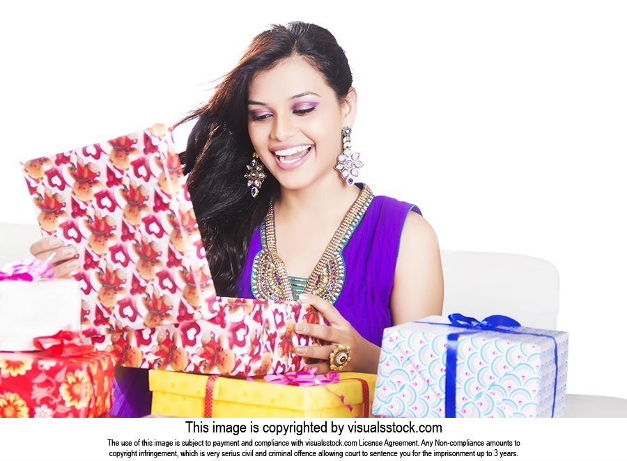 Woman Surprise Opening Diwali Gifts