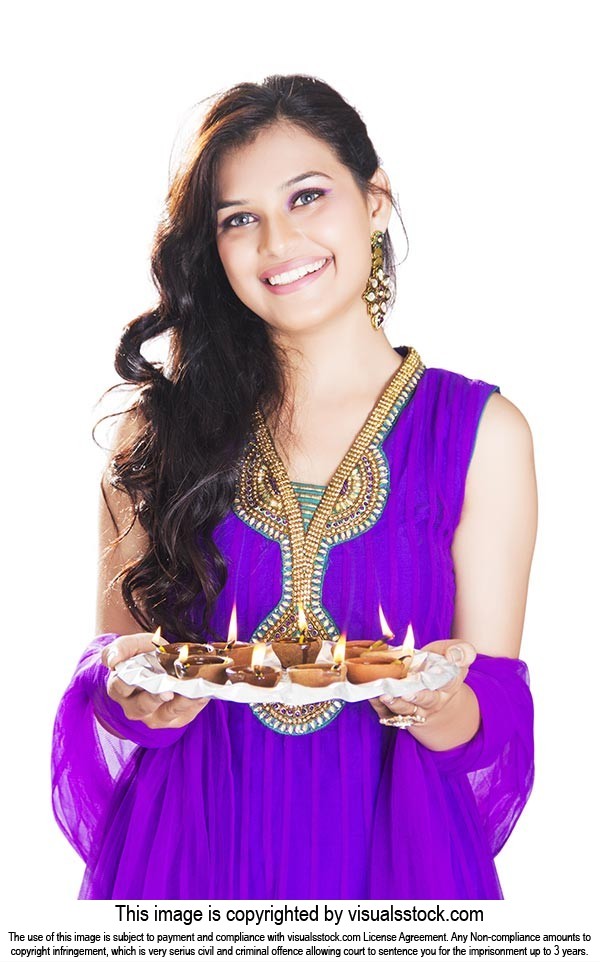 Woman Holding Plate Diya Diwali