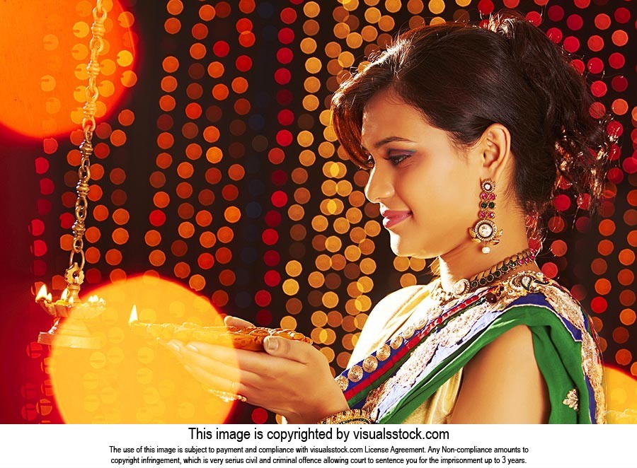 Woman Holding Oil Lamp Diwali