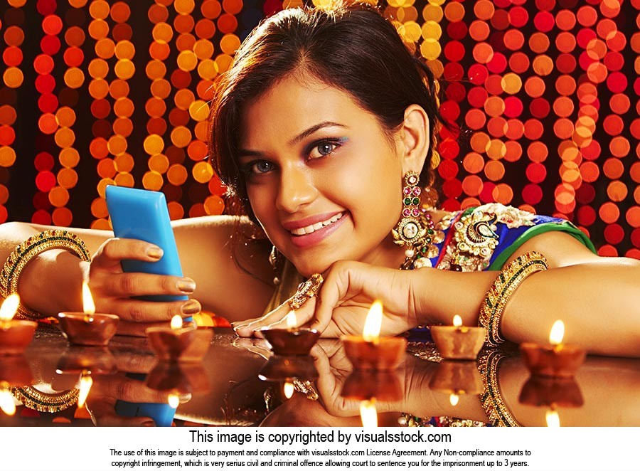 Woman Diwali Messaging Phone