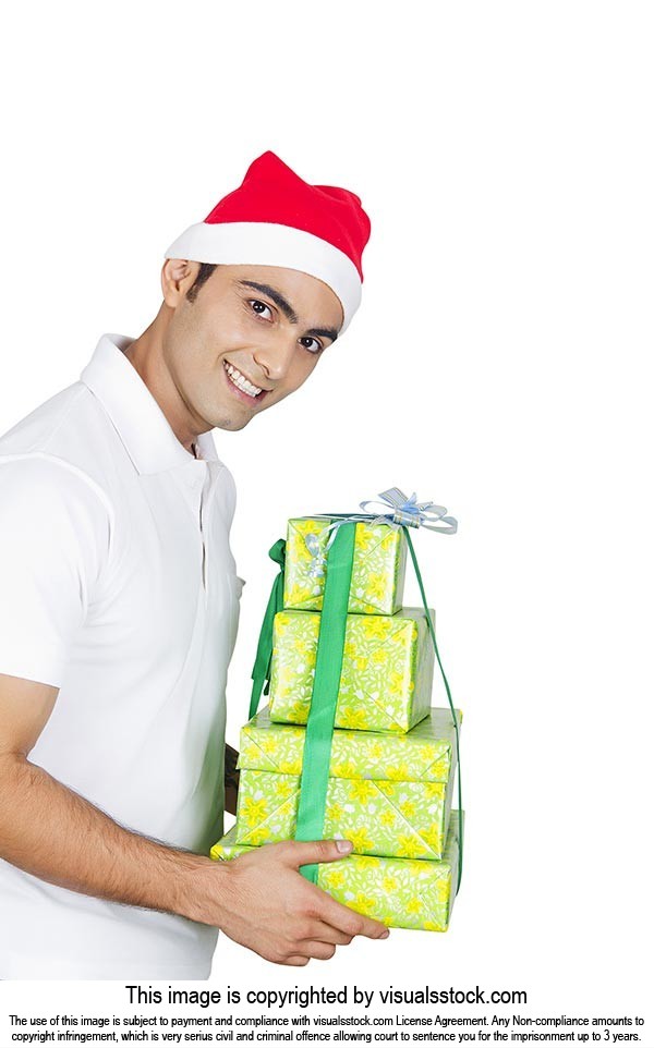 Man Wrapped gift box Showing Christmas Celebration