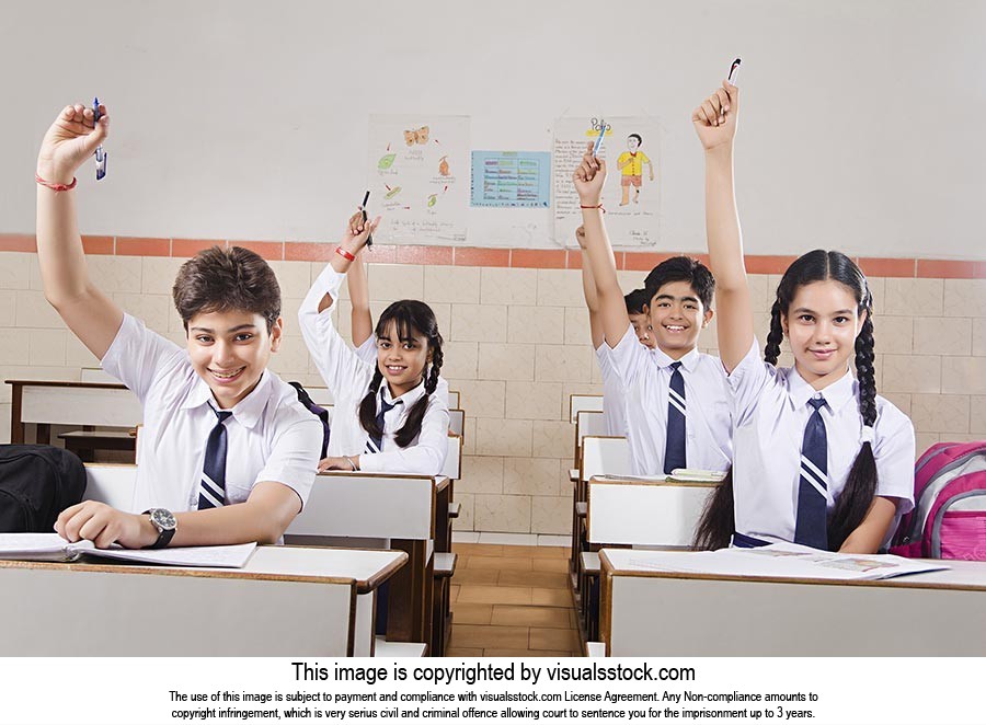 School Students Classroom  Hand Raised