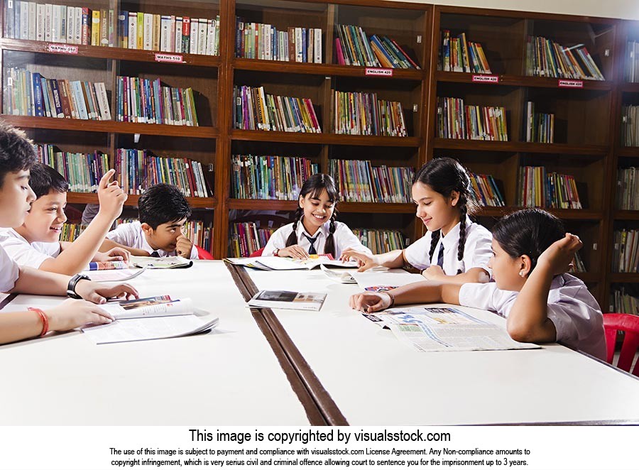 School Students Studying Library