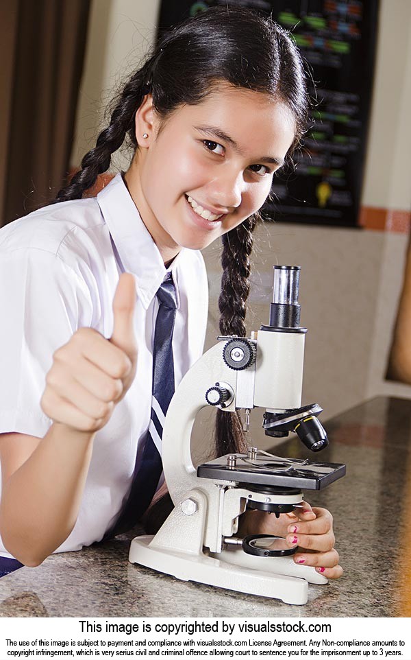Girl Student Microscope Thumbsup