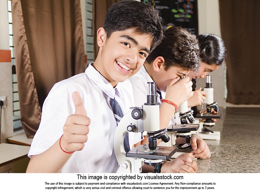 School Students Microscope Thumbsup