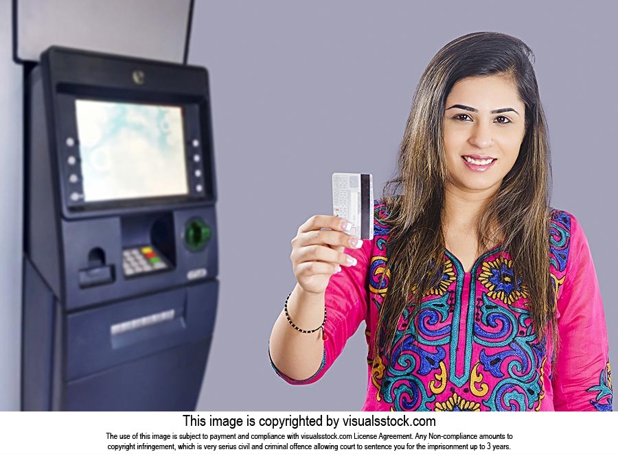 Woman Credit Card ATM Machine