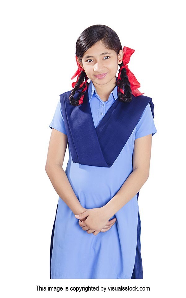 Government School Rural Girl Student In Uniform Standing Looking at Camera On White Background