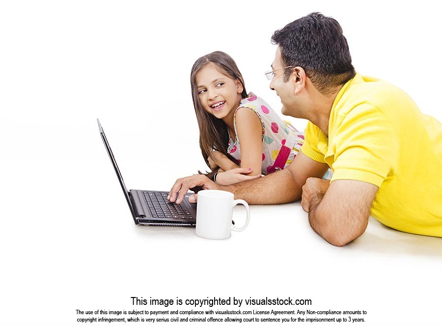 Father Daughter Working Laptop Lying Floor