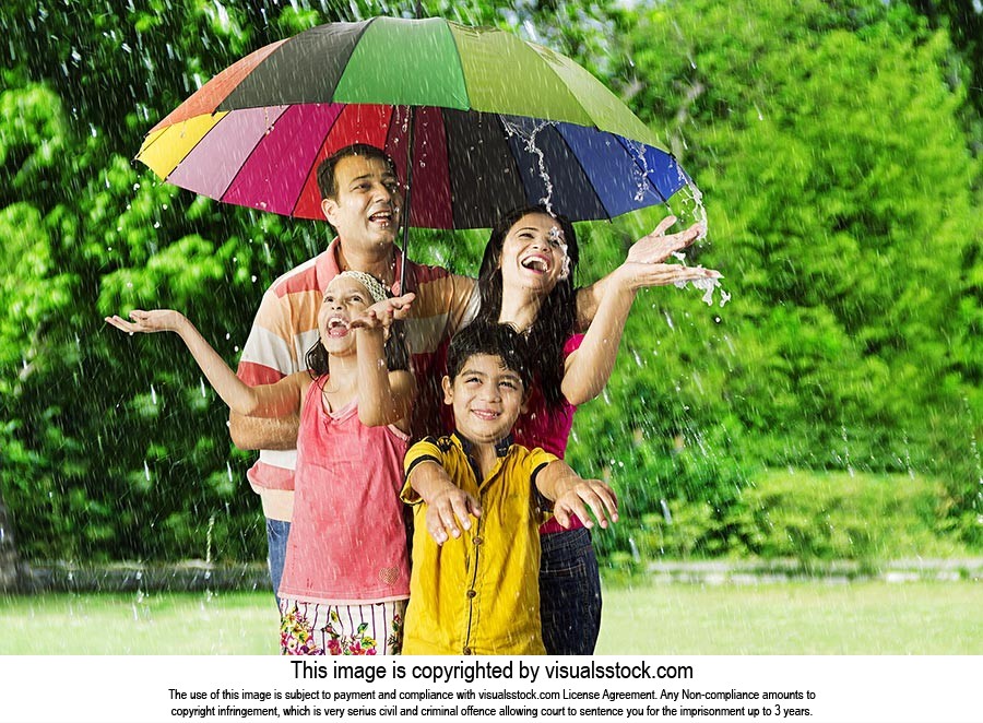 Parents Children Umbrella Rain Park