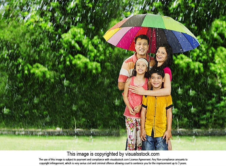 Parents Children Using Umbrellas Protect Rain