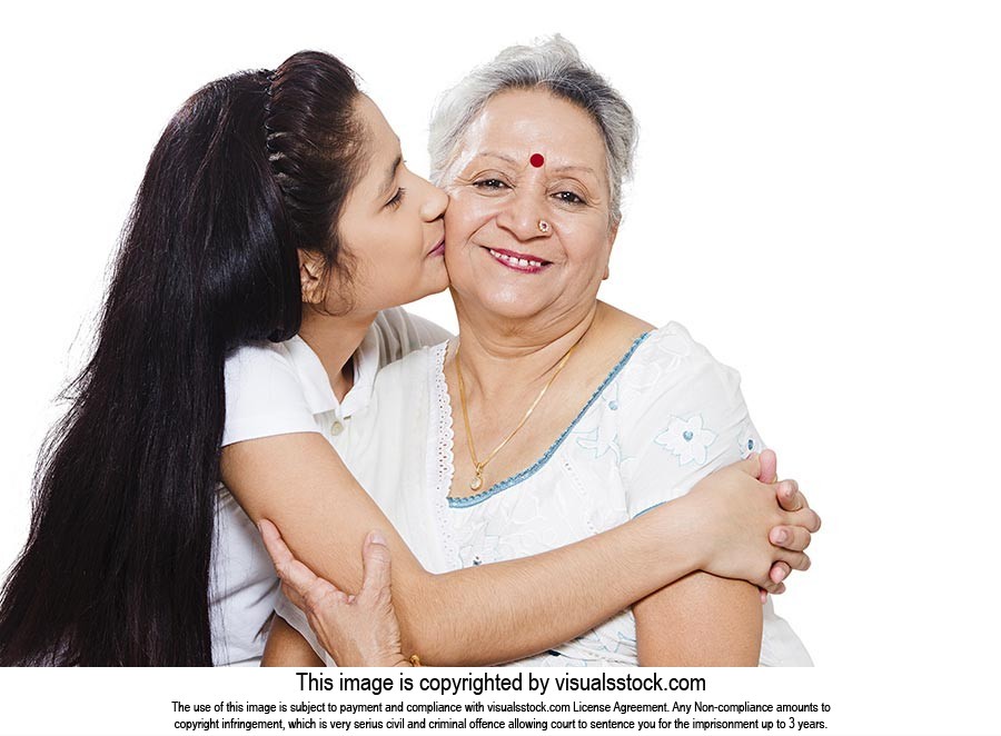 Granddaughter kissing Grandmother White Background