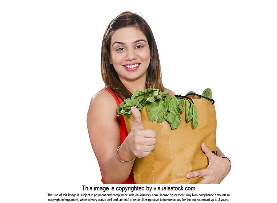 Lady Grocery Shopping Bag Vegetables Thumbsup