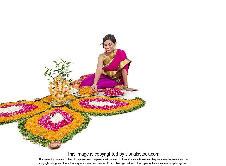 Woman Making Rangoli Flowers Onam Diwali