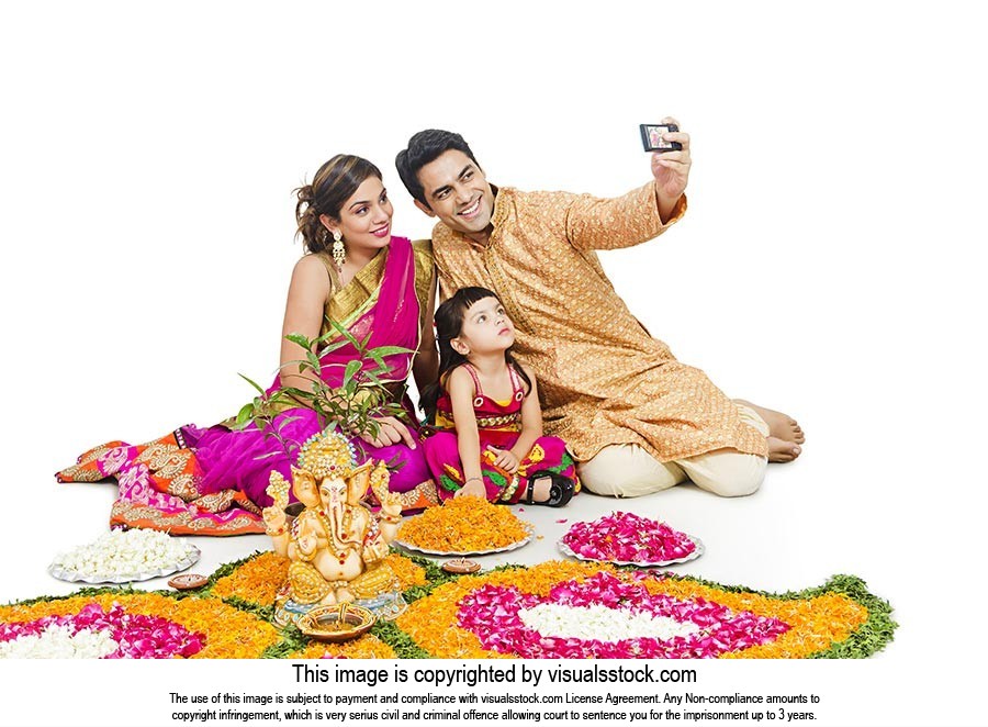 Indian Family Rangoli Diwali Taking Selfie