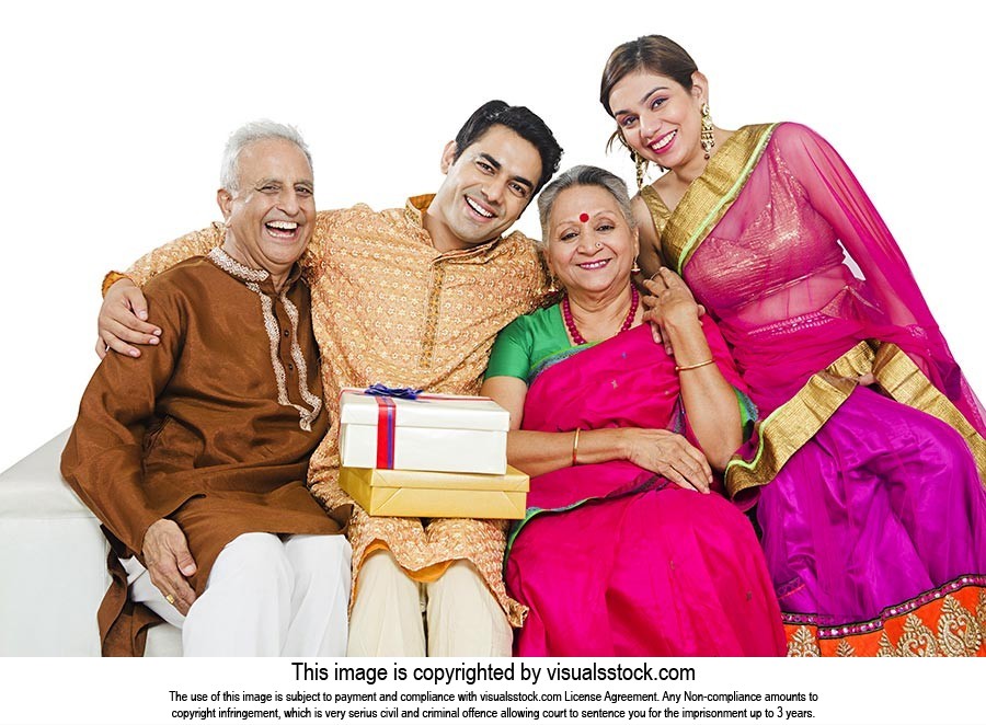 Indian Family Celebrating Diwali Gifts