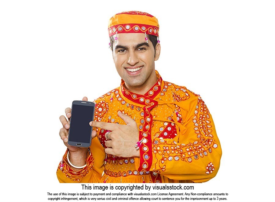 Gujrati Men Showing Quality Smartphone Pointing