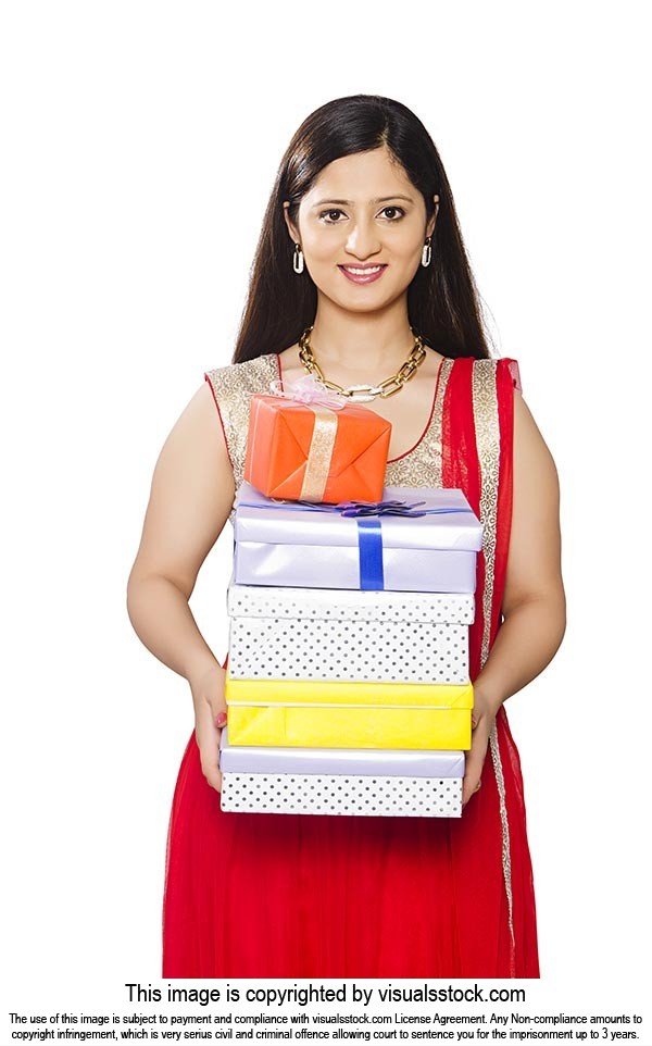 Indian Lady Gift Boxes Diwali Festival Celebrating