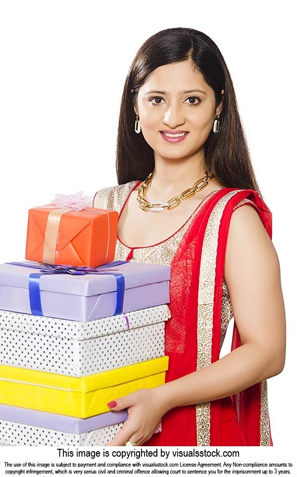 Indian Woman Stack Gift Boxes Diwali Celebration