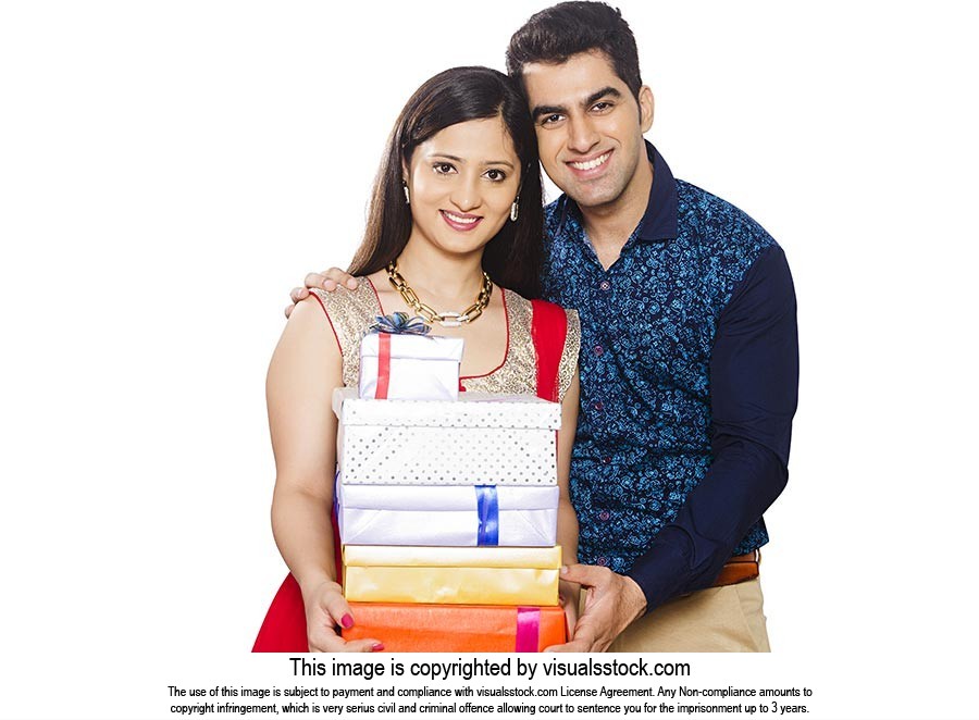 Smiling Couple Stack Gift Diwali Celebrating