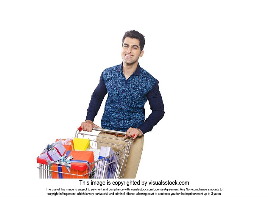 Indian Man Shopping Cart Gift Boxes Diwali