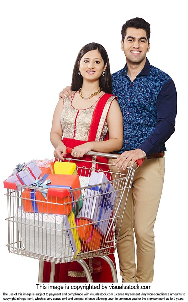 Couple Shopping Cart Gift Boxes Smiling