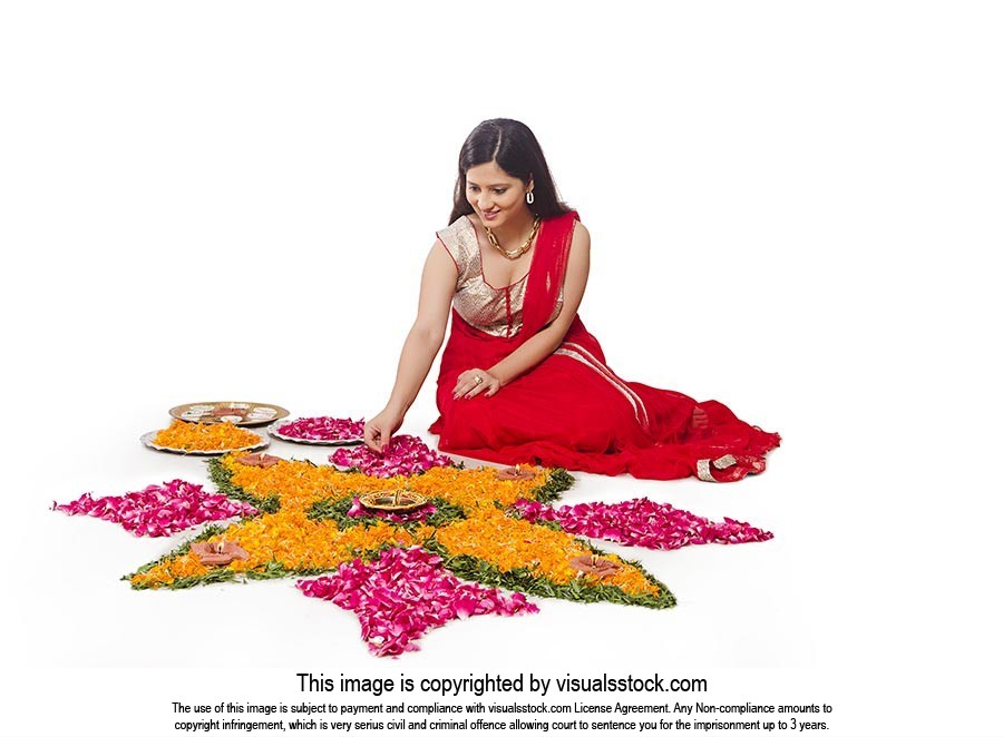 Woman Diwali Festival Flower Rangoli Decoration On