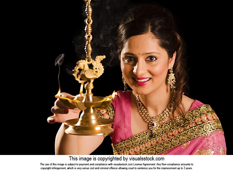 Woman Burning Oil Lamps Diwali Festival