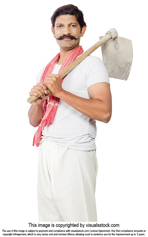Indian Farmer Man Carrying Spade