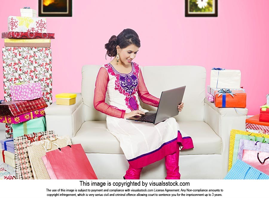 Indian Young Girl Online Shopping Laptop