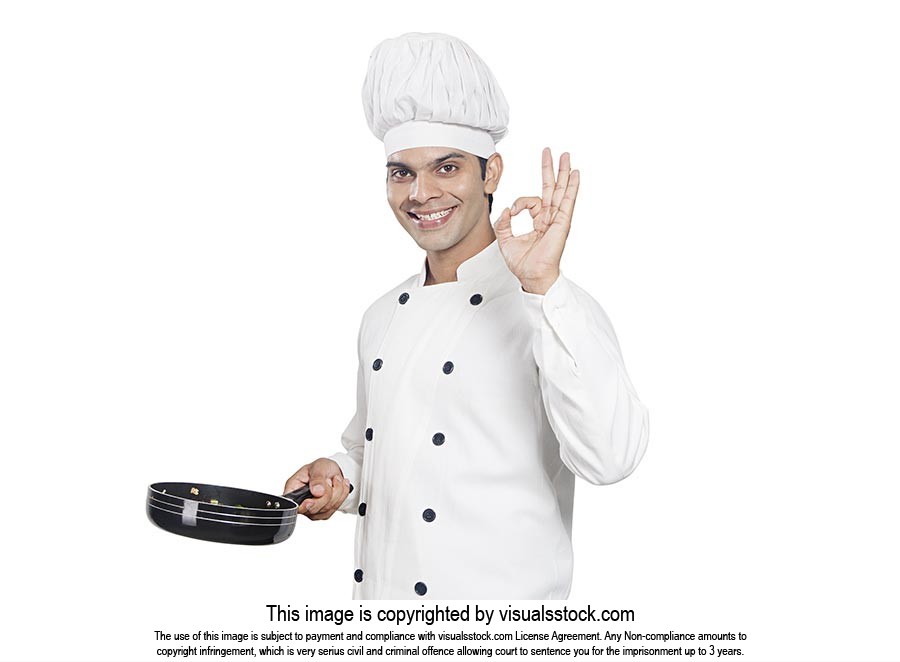 Male Chef Cook Frying pan Showing oksign