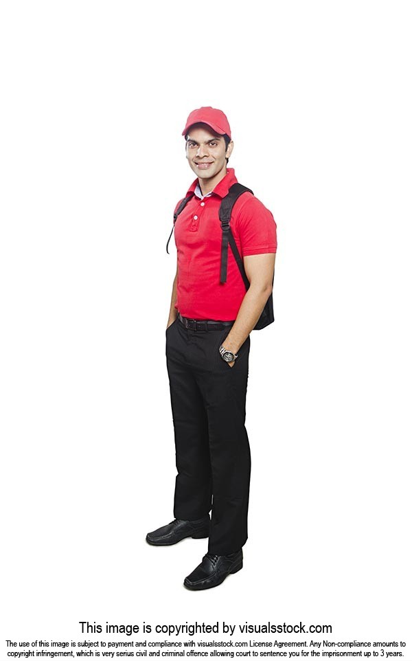 Smiling Indian Delivery Man Uniform Standing