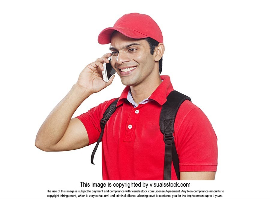 Smiling Delivery Man Worker Talking Phone