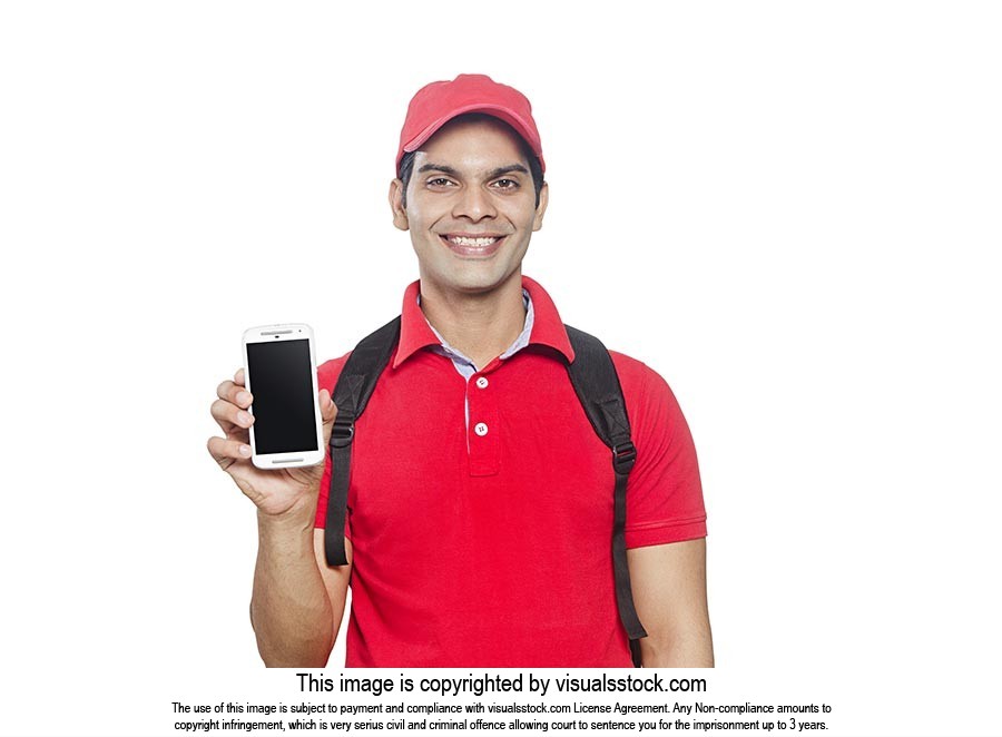 Delivery Man Showing Mobile phone Quality