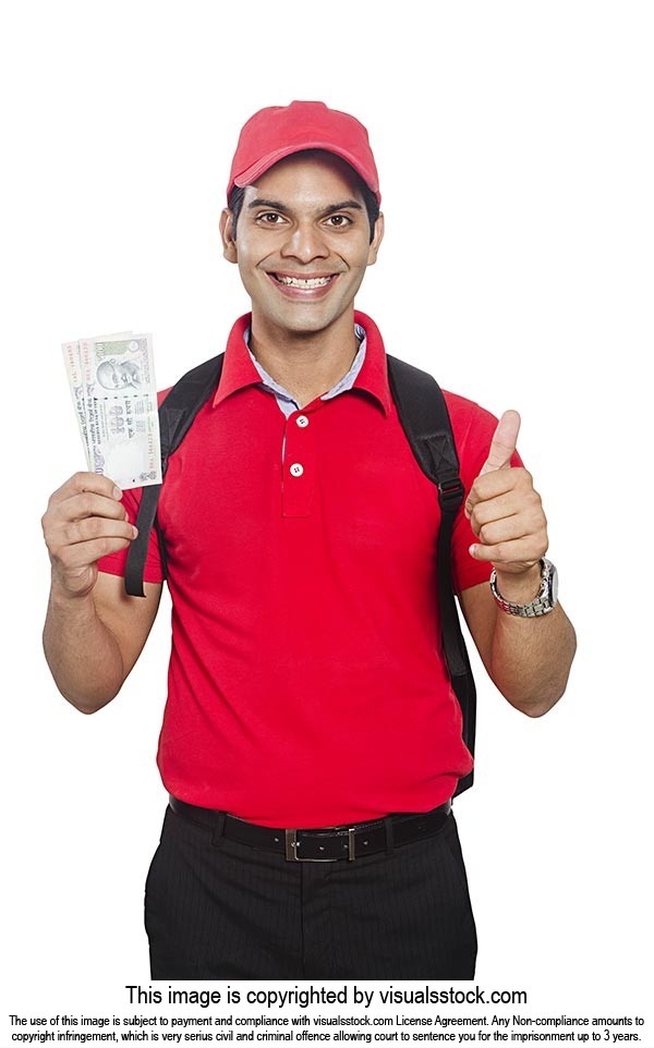 Courier Man Worker Showing Money Thumbs up