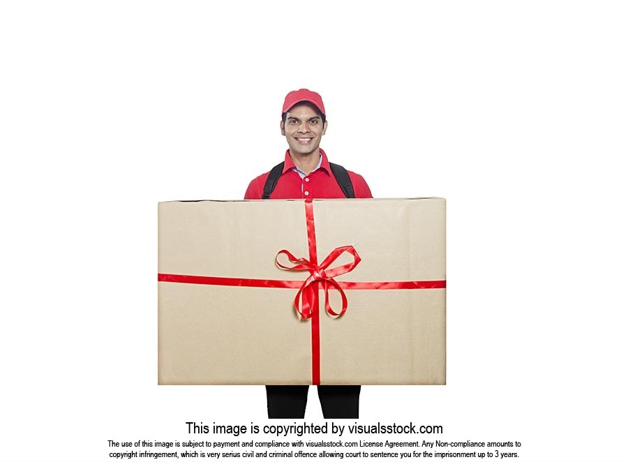 Delivery Man Holding Cardboard Gift Box