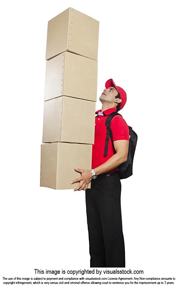 Indian Delivery Man Carrying Stack Boxes