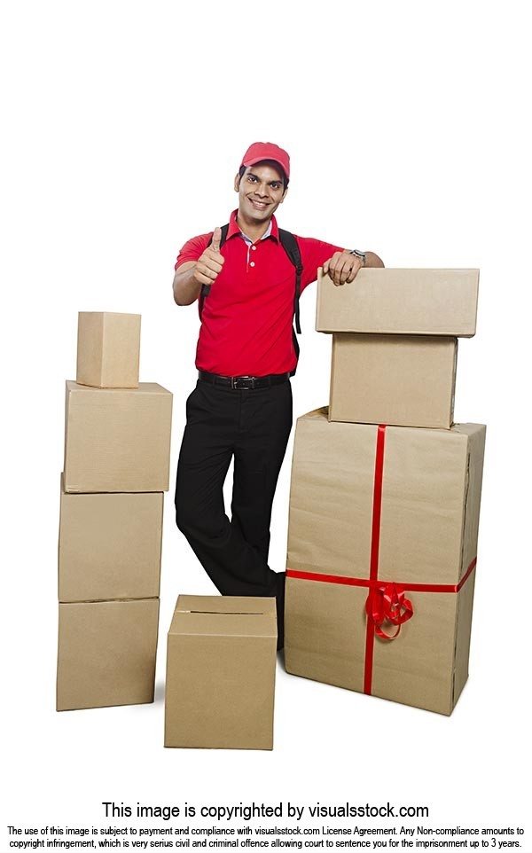 Delivery Man Cardboard Boxes Gesturing Thumbsup