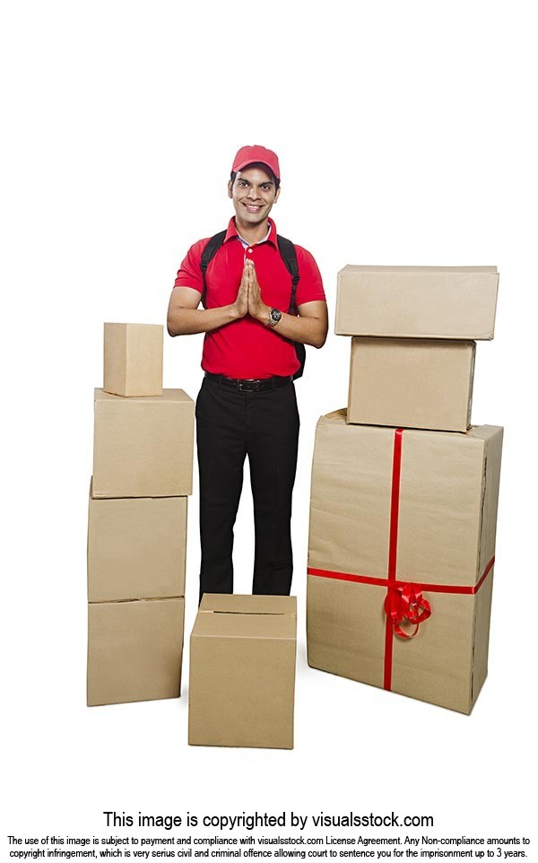 Indian Delivery Man Boxes Offering Greeting Welcom