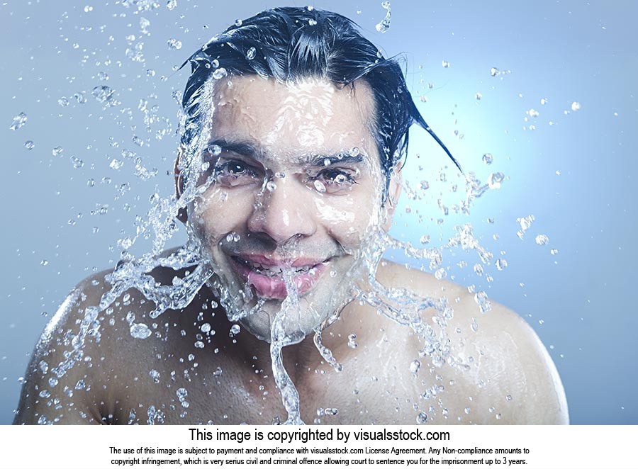 Indian Man Washing Face Splash Water