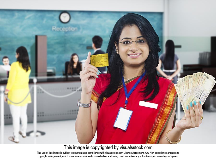 Clerk Woman Money Credit card Showing