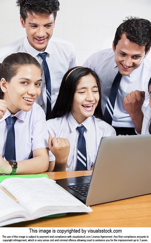 School Students Laptop Cheering