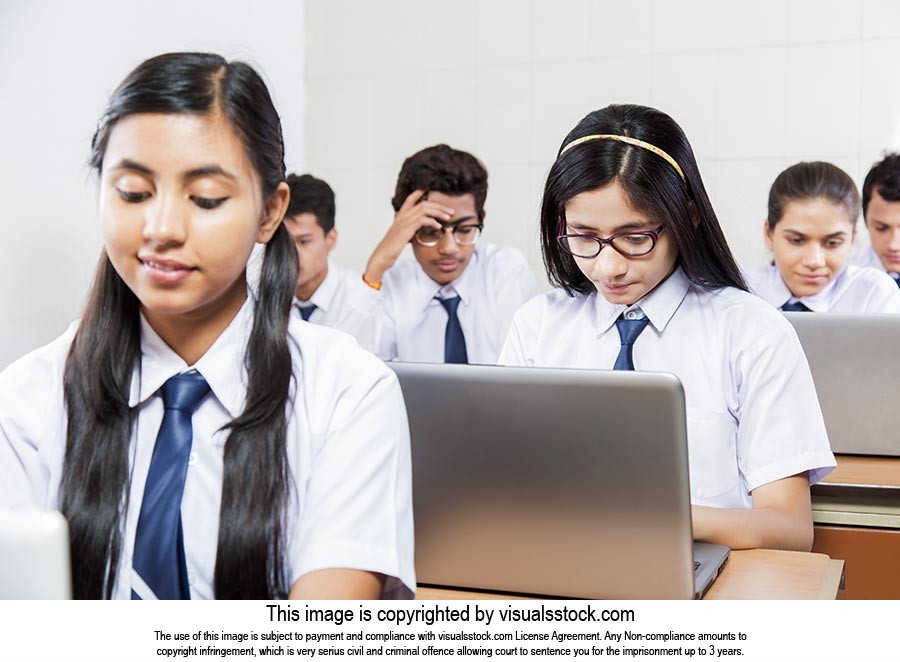 School Students Laptop Working