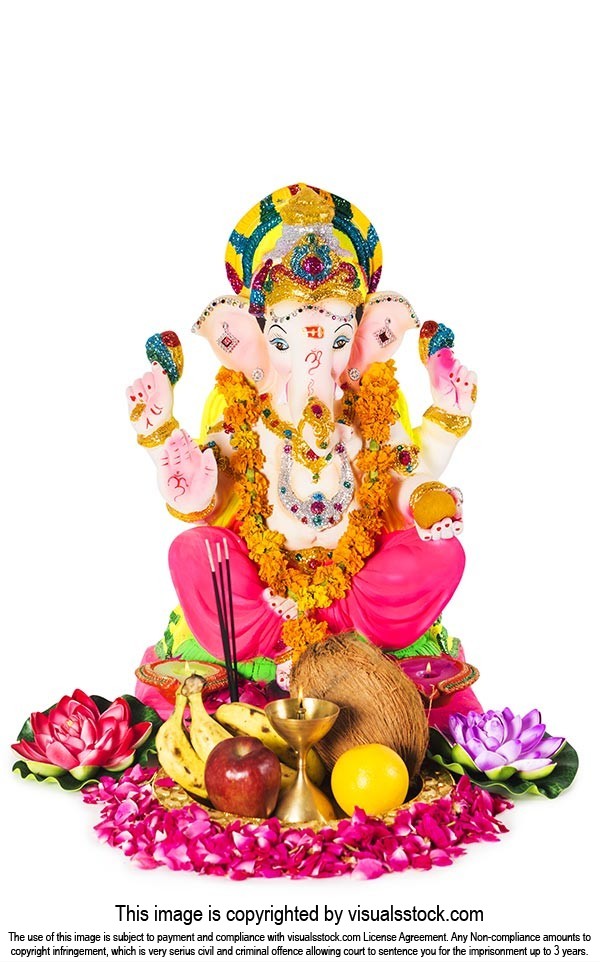 Statue-of Lord Ganesha Pooja arrangement on-white background on-Ganesh  Chaturthi Festival