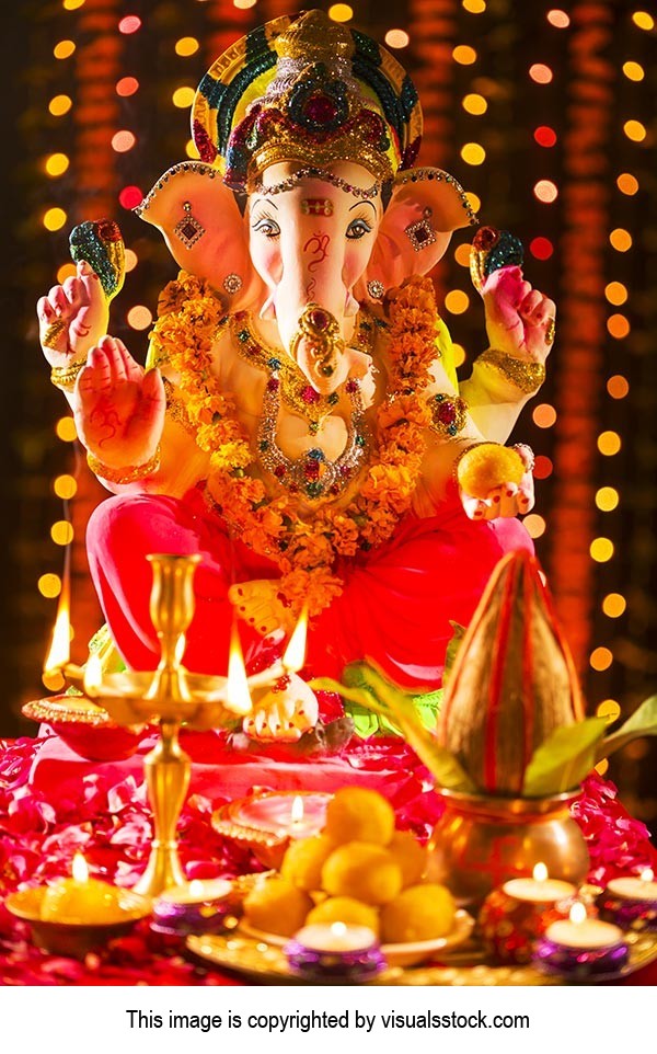 Statue-of Lord Ganesha Pooja arrangement at-home during Diwali Festival ...