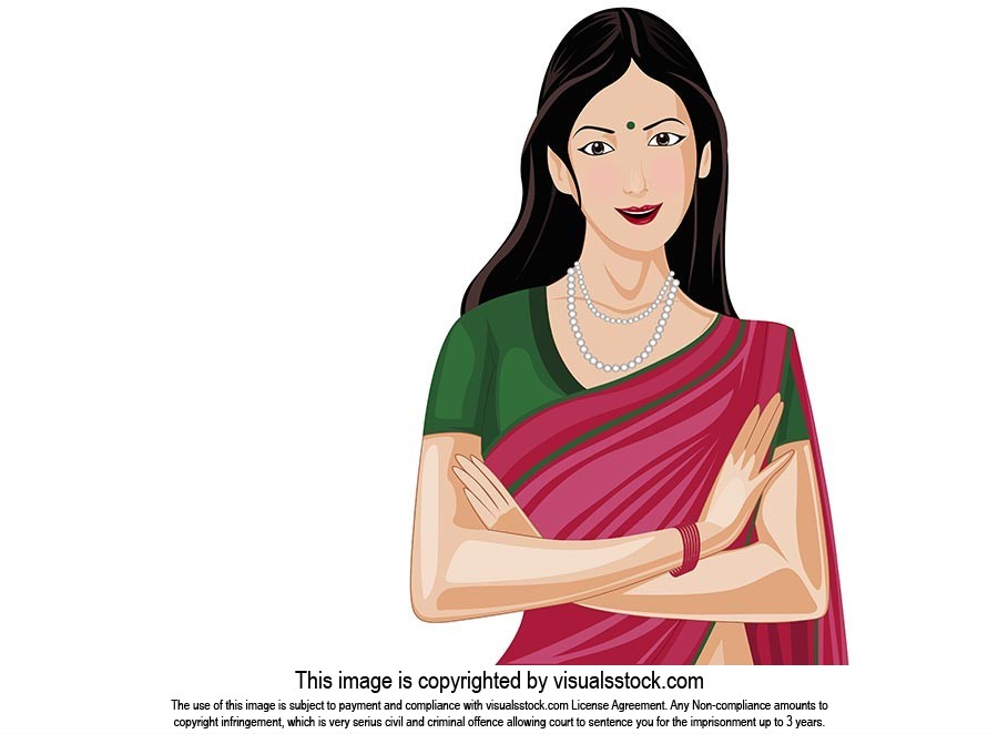 Vector cartoon woman in-traditional saree with arms-crossed standing  on-white background