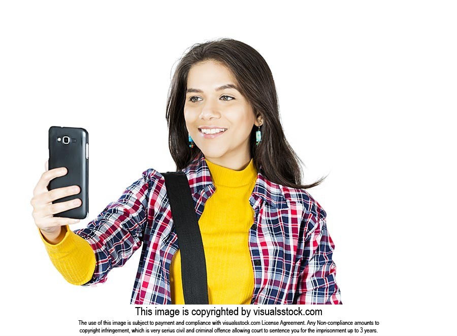 College Student Young Woman Taking Selfie Cellphon