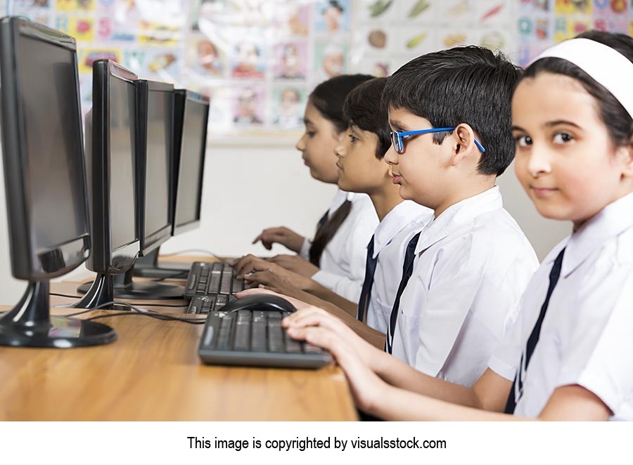 Indian Childrens School Students Studying Computer Lab Exam Preparing