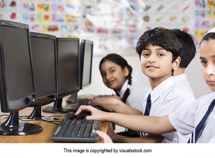 Indian Kids School Students Studying Education Computer Lab Classroom