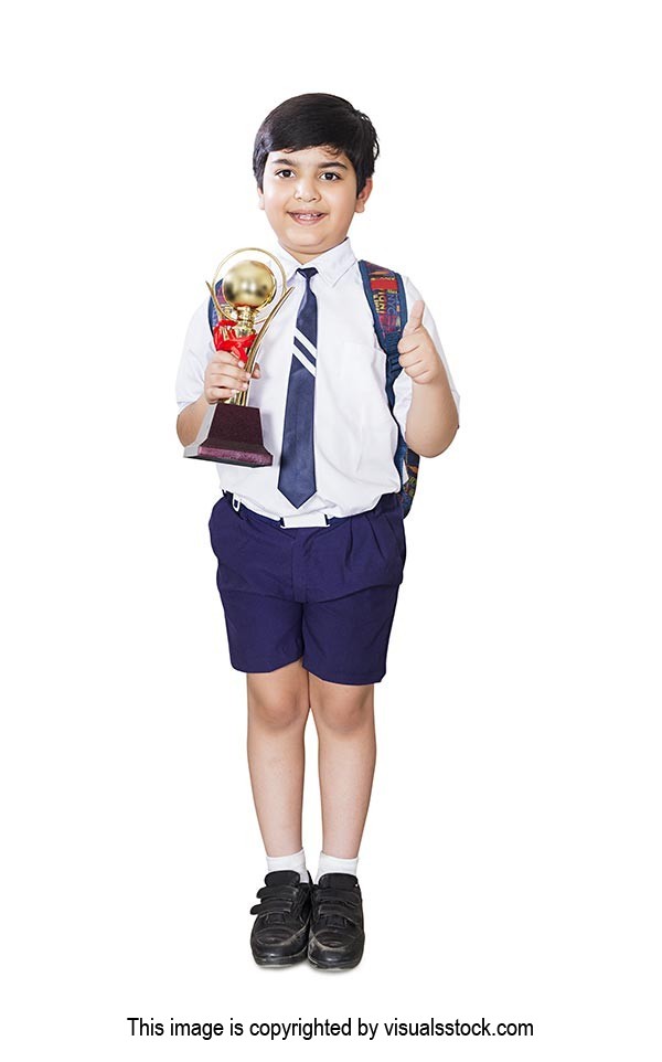 Indian School Little Boy Student Victory Trophy Sho