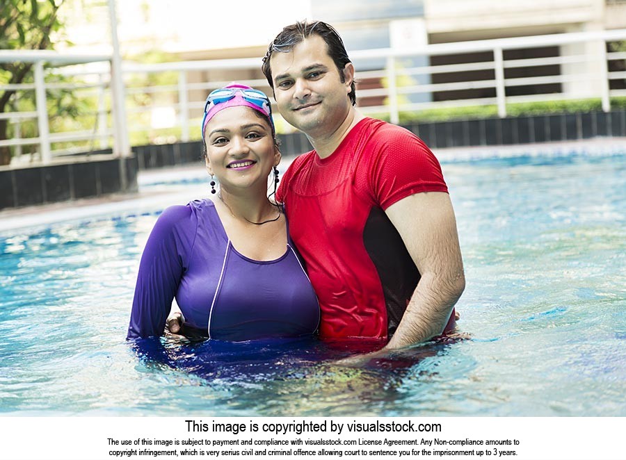 Indian Couple Honeymoon Bathing Swimming Pool Hotel Summer Day Vacation